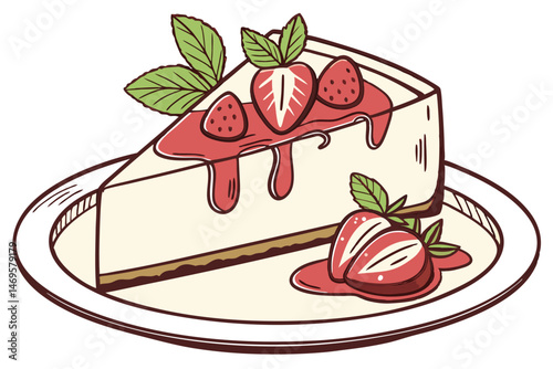 106 a creamy smooth cheesecake slice on a plate, decorated with fresh strawberry slices and mint leaves, delicately plated, high-quality food photography