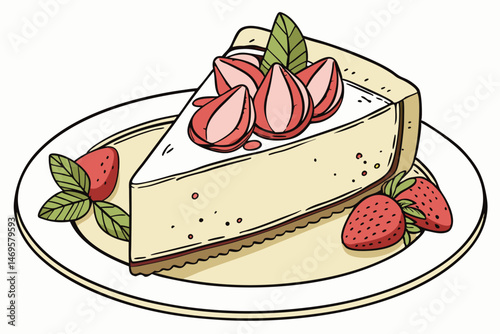 106 a creamy smooth cheesecake slice on a plate, decorated with fresh strawberry slices and mint leaves, delicately plated, high-quality food photography