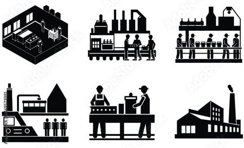 Factory Assembly Line Set – Vector Illustration of Industrial Production Line with Conveyor Belts, Robotic Arms, and Manufacturing Equipment for Automation and Engineering Design Projects