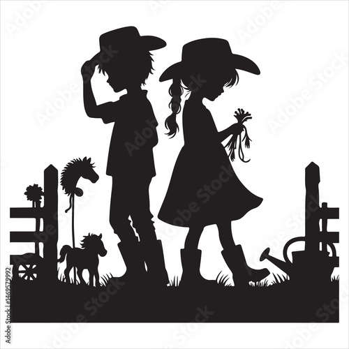 Children Playing in Countryside Silhouette - Joyful Rural Life ,  black colour vactor 