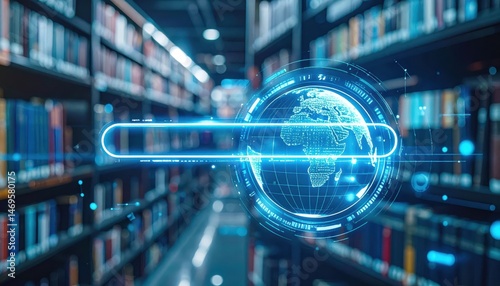 Digital globe with search bar overlay against a blurred library background filled with bookshelves and books
