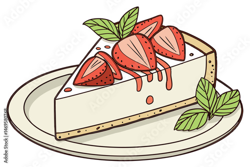 106 a creamy smooth cheesecake slice on a plate, decorated with fresh strawberry slices and mint leaves, delicately plated, high-quality food photography