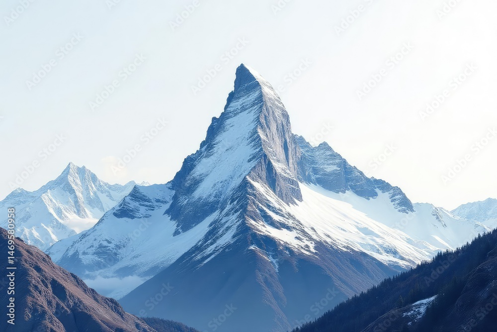 Fototapeta premium Snow-covered mountain peak against a bright white sky, clean, wild, sky