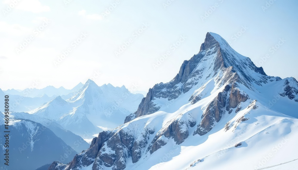 Obraz premium Snow-covered mountain peak against bright white sky, high-resolution, crystal, bright