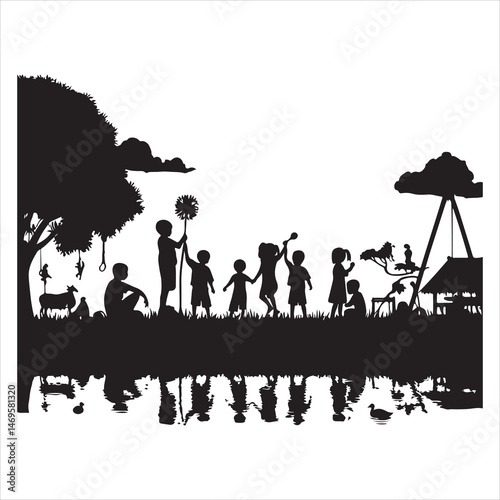 Children Playing in Countryside Silhouette - Joyful Rural Life ,  black colour vactor 