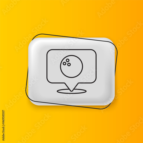 Black Map pointer with bowling ball icon isolated on yellow background. Sport equipment. Silver rectangle button. Vector