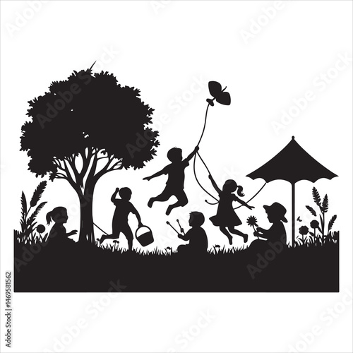 Children Playing in Countryside Silhouette - Joyful Rural Life ,  black colour vactor 