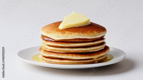 Stack of Pancakes with Melting Butter and Syrup Close Up