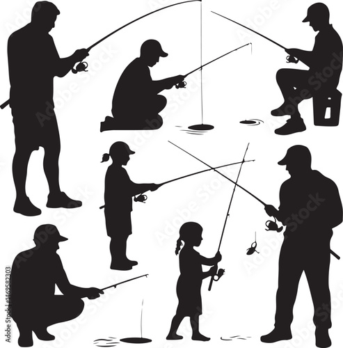 fishing, silhouette, fisherman, vector, fish, water, sport, people, rod, sea, leisure, sunset, illustration, nature, woman, hobby, angler, fun, ocean, fisher, person, men, boy, black, rope