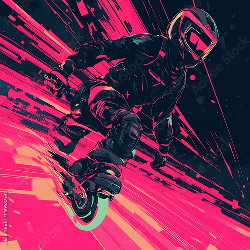 Futuristic skater speeds, neon city background, action sports illustration