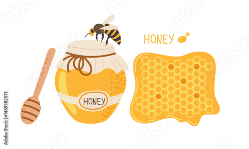 Buzzing bee visits honey jar with honeycomb in bright and cheerful illustration