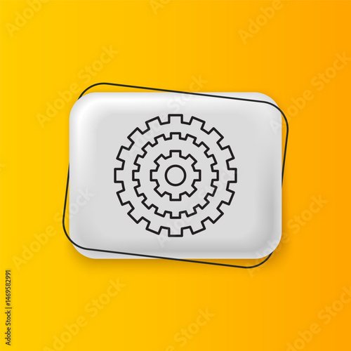 Black Bicycle cassette mountain bike icon isolated on yellow background. Rear Bicycle Sprocket. Chainring crankset with chain. Silver rectangle button. Vector