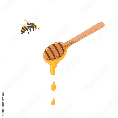 Honey drips from a wooden dipper while a bee hovers nearby in a simple illustration