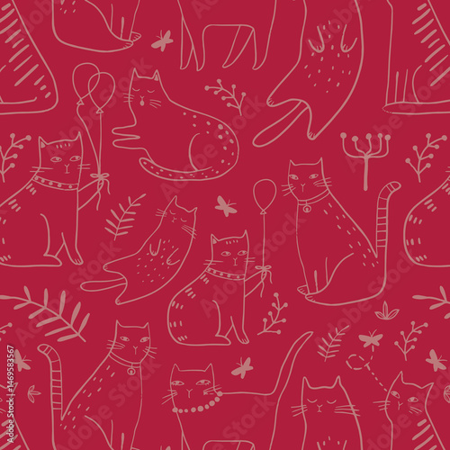 Seamless pattern with cute Kittens in diferent style. Creative childish texture. Great for fabric, textile Vector Illustration

