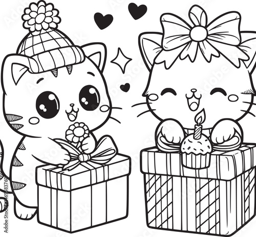 Kitten on gift boxes, surrounded by floating hearts.