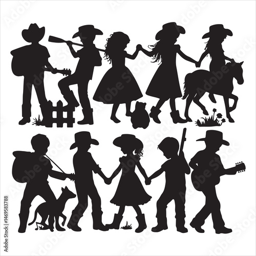 Children Playing in Countryside Silhouette - Joyful Rural Life ,  black colour vactor 