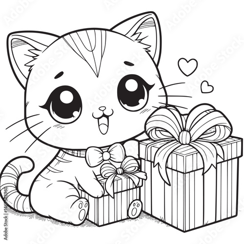 Kitten on gift boxes, surrounded by floating hearts.