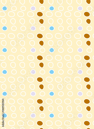 Vertical rows of blue, brown, lilac spots on a light yellow background.