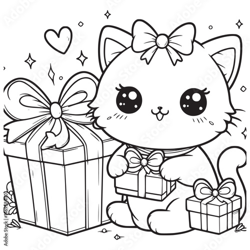 Kitten on gift boxes, surrounded by floating hearts.
