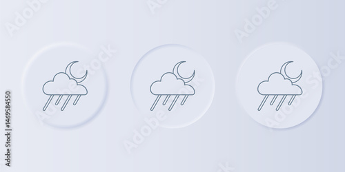 Grey Cloud with rain and moon icon isolated on grey background. Rain cloud precipitation with rain drops. Set icons in square buttons. Vector