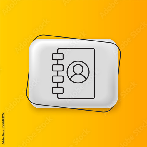 Black Address book icon isolated on yellow background. Notebook, address, contact, directory, phone, telephone book icon. Silver rectangle button. Vector