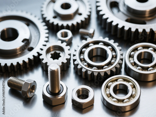 Set of Metal Gears and Bearings on Workshop Table