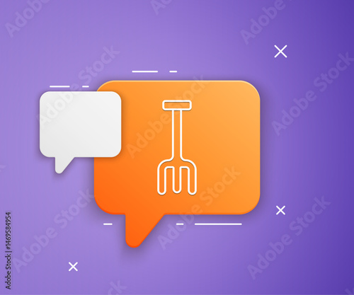 White Garden rake icon isolated on purple background. Tool for horticulture, agriculture, farming. Ground cultivator. Housekeeping equipment. Orange speech bubble symbol. Vector