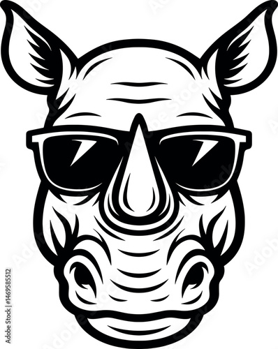 Rhinoceros with Sunglasses vector black silhouette cricut print design isolated on a plain white background