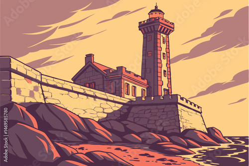 109 a photo-realistic, highly detailed image of a lighthouse, weathered stone walls, rocky landscape, dramatic lighting, vibrant colors, intricate architecture, ornate details, dramatic shadows, sense