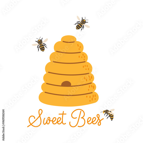 Bees buzzing around a honey hive with a cheerful design featuring sweet bees