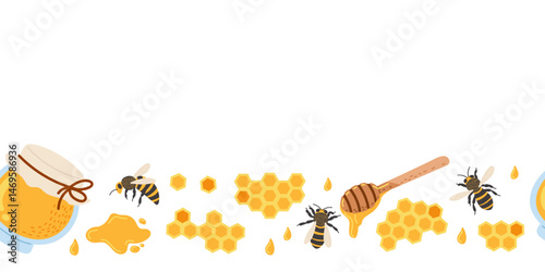 Bees collect honey while working near honeycomb and jars on a sunny day