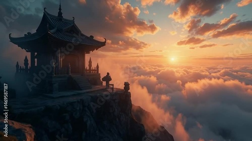 Beautiful sunset over the mountains with small buildings in the distance. Smooth repeating motion for background video animation.
