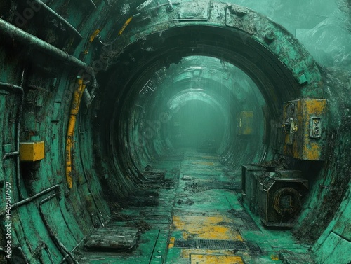 Fototapeta Naklejka Na Ścianę i Meble -  An abandoned space station with dimly lit passages holding the secrets of the past