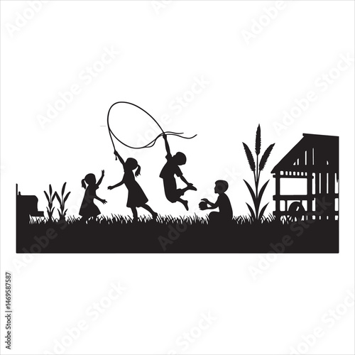 Children Playing in Countryside Silhouette - Joyful Rural Life ,  black colour vactor 