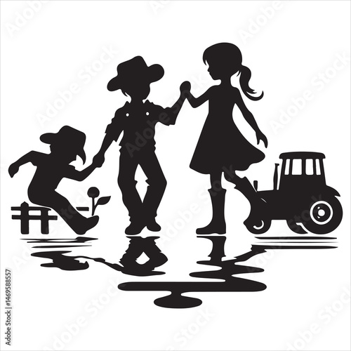 Children Playing in Countryside Silhouette - Joyful Rural Life ,  black colour vactor 