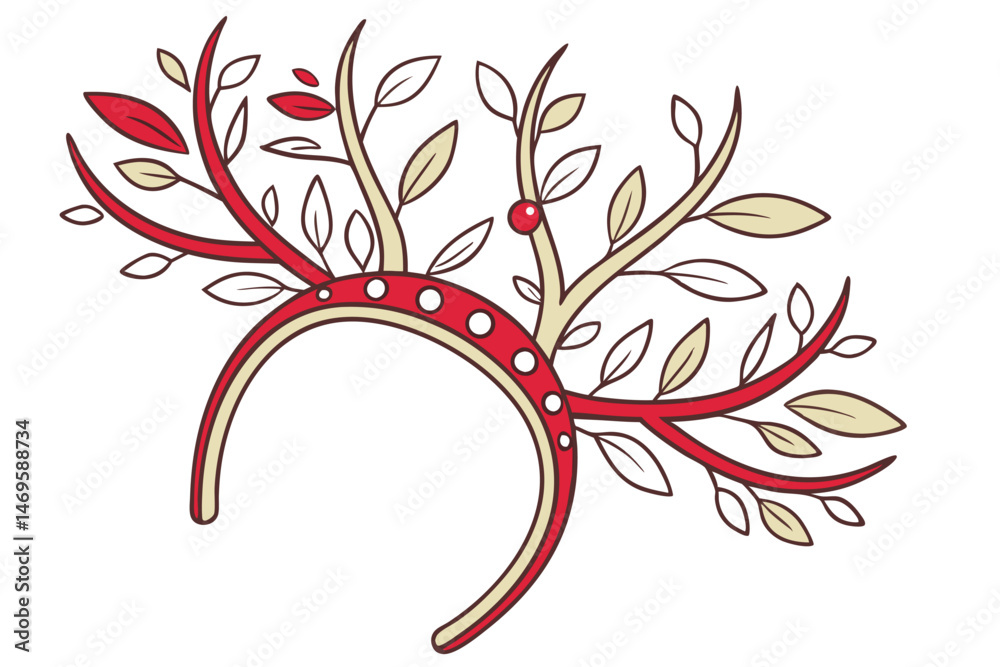 Naklejka premium 110 a festive reindeer antler headband with red and golden detailing, detailed christmas-themed headpiece, whimsical holiday accessory, intricate deer antler headdress, artistic digital illustration, 