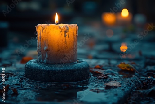 Single candle in a puddle, melancholic scene