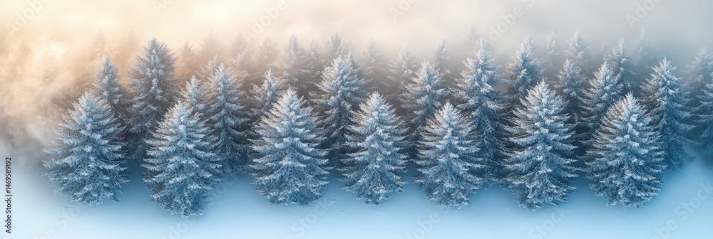 Obraz premium Winter forest landscape featuring snow-covered pine trees and soft misty atmosphere