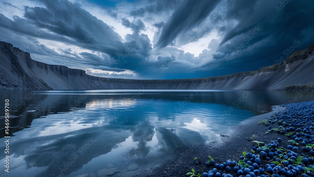 Fototapeta premium Lake Reflecting Dramatic Sky Surrounded by Cliffs and Berries