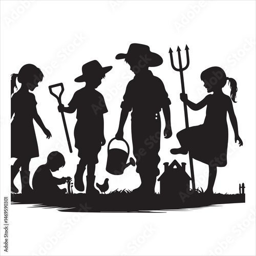Children Playing in Countryside Silhouette - Joyful Rural Life ,  black colour vactor 