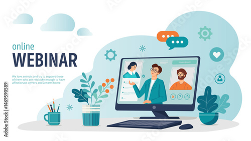 Online webinar concept, video conference via computer, vector flat illustration