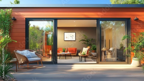 Experience relaxation and leisure in a snug patio designed with charming decking and plush outdoor furniture.