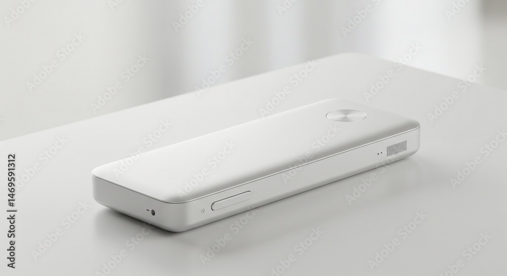 Fototapeta premium Sleek Minimalist White Portable Power Bank Device on a Modern Table: Perfect for Tech and Gadget Product Presentations