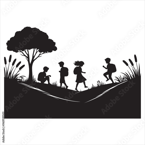 Children Playing in Countryside Silhouette - Joyful Rural Life ,  black colour vactor 