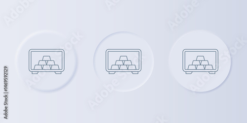 Grey Safe with gold bars icon isolated on grey background. Precious metals on deposit in bank. Metallic treasury. Reliable data protection. Set icons in square buttons. Vector