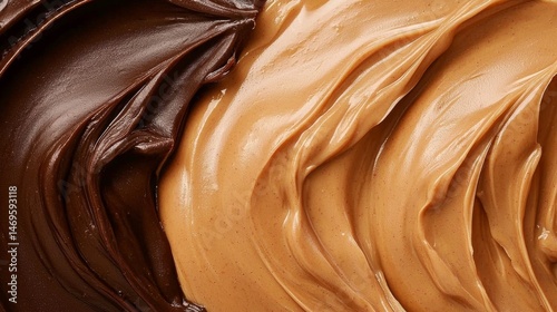 Aerial perspective of luscious peanut butter and chocolate paste, highlighting its enticing texture.