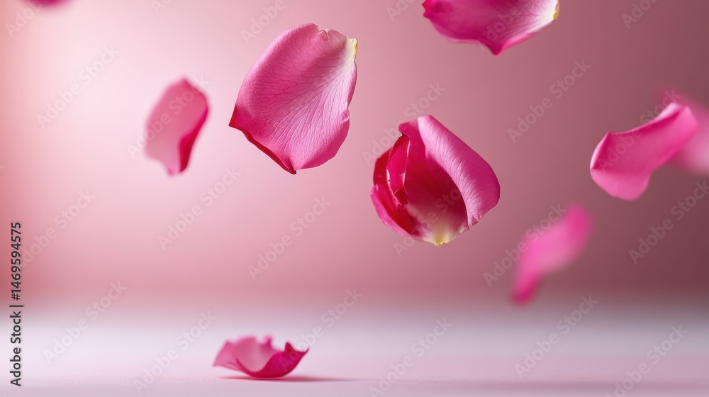 Fototapeta premium Light pink rose petals falling gently on a pastel pink surface, abstract floral scene
