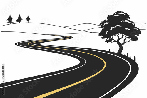 6 winding road, asphalt, yellow lines, perspective, scenic highway, curving path, empty road, minimalist landscape, dramatic lighting, high contrast