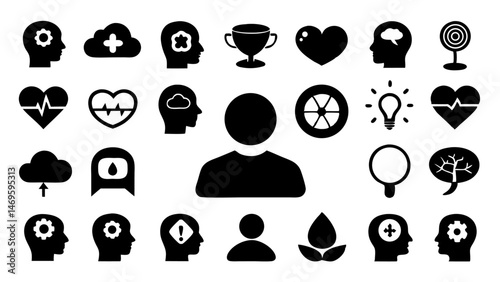 Detailed mental health and psychology icon set featuring glyph style symbols suited for clinics therapy centers awareness campaigns and personal growth visuals