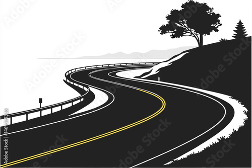 6 winding road, asphalt, yellow lines, perspective, scenic highway, curving path, empty road, minimalist landscape, dramatic lighting, high contrast